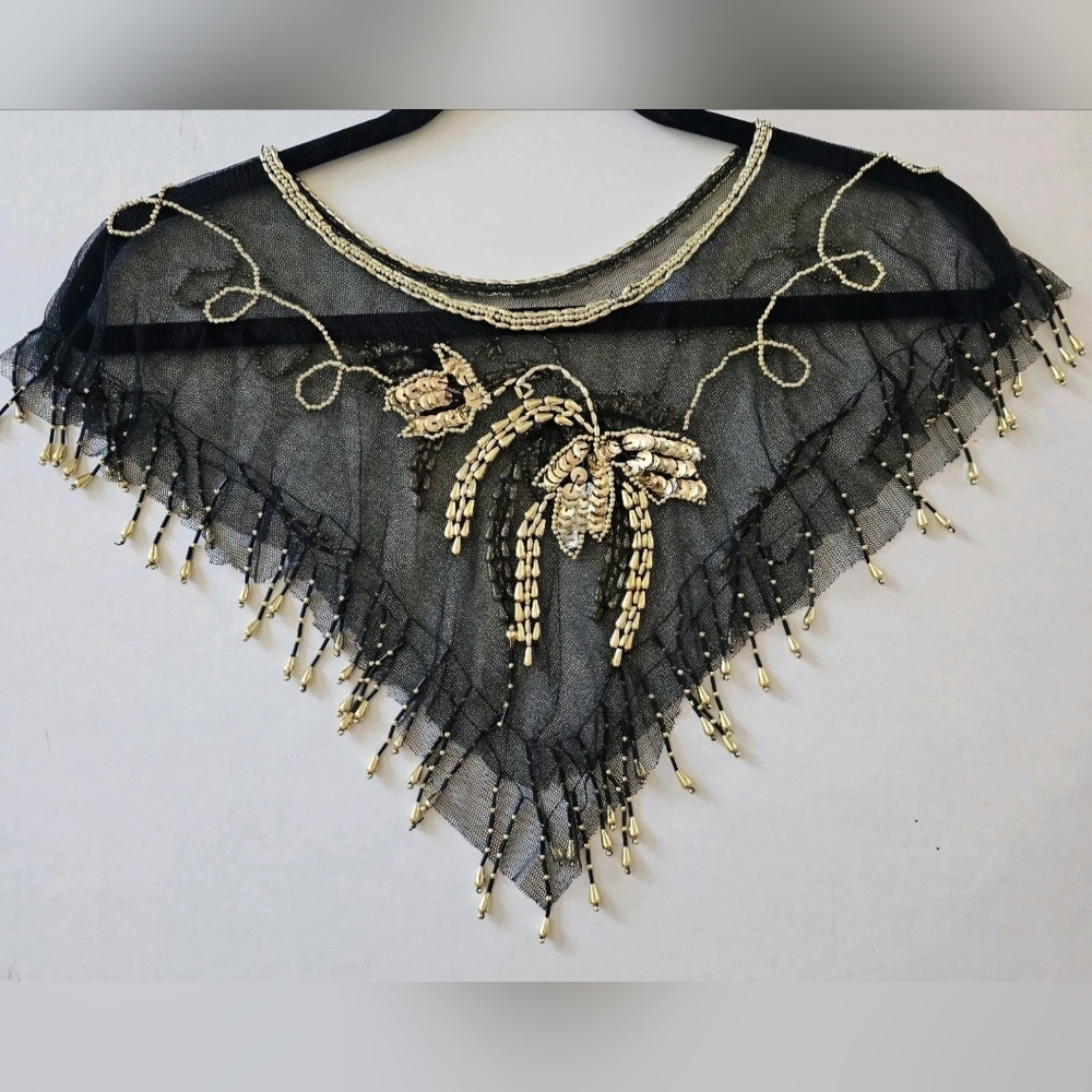 Embellished Black Mesh Beaded Scarf Shaw Wrap